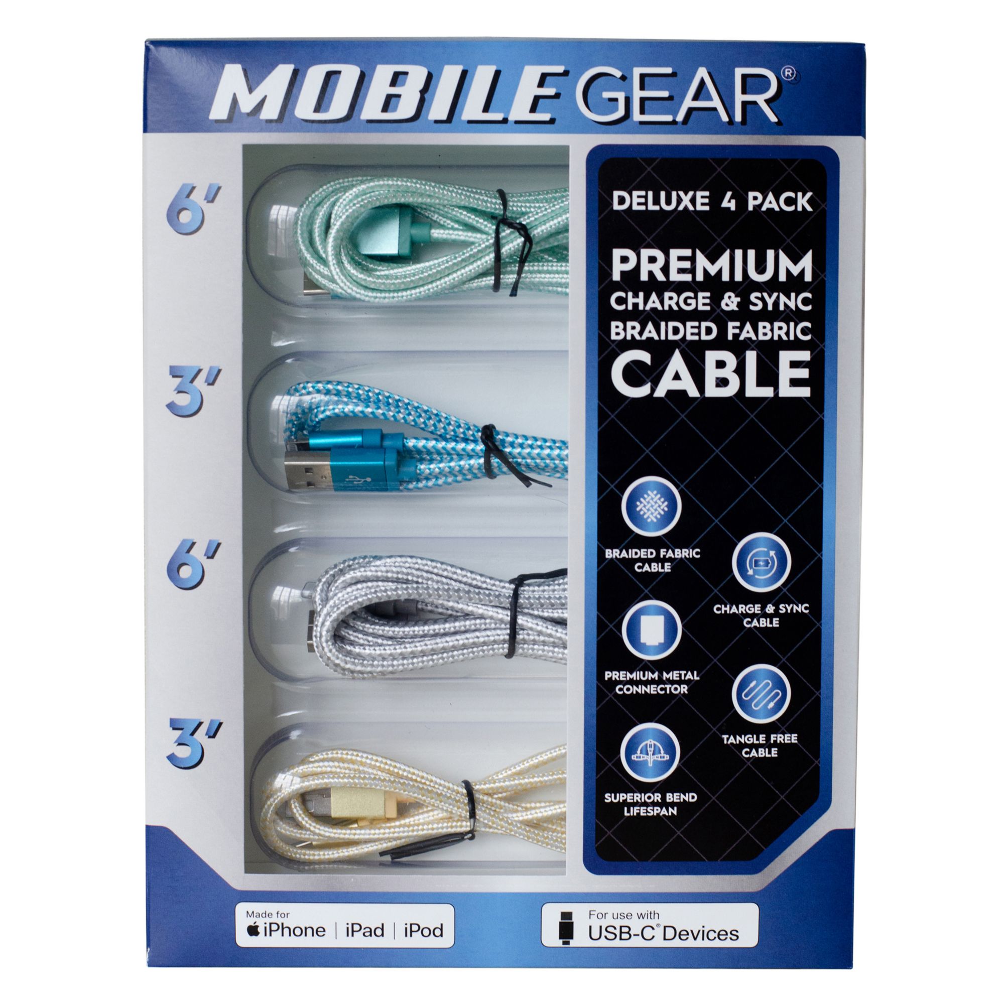 Mobile Gear Deluxe Premium Lightning, USB-C Charge and Sync Cables, 4 pk.