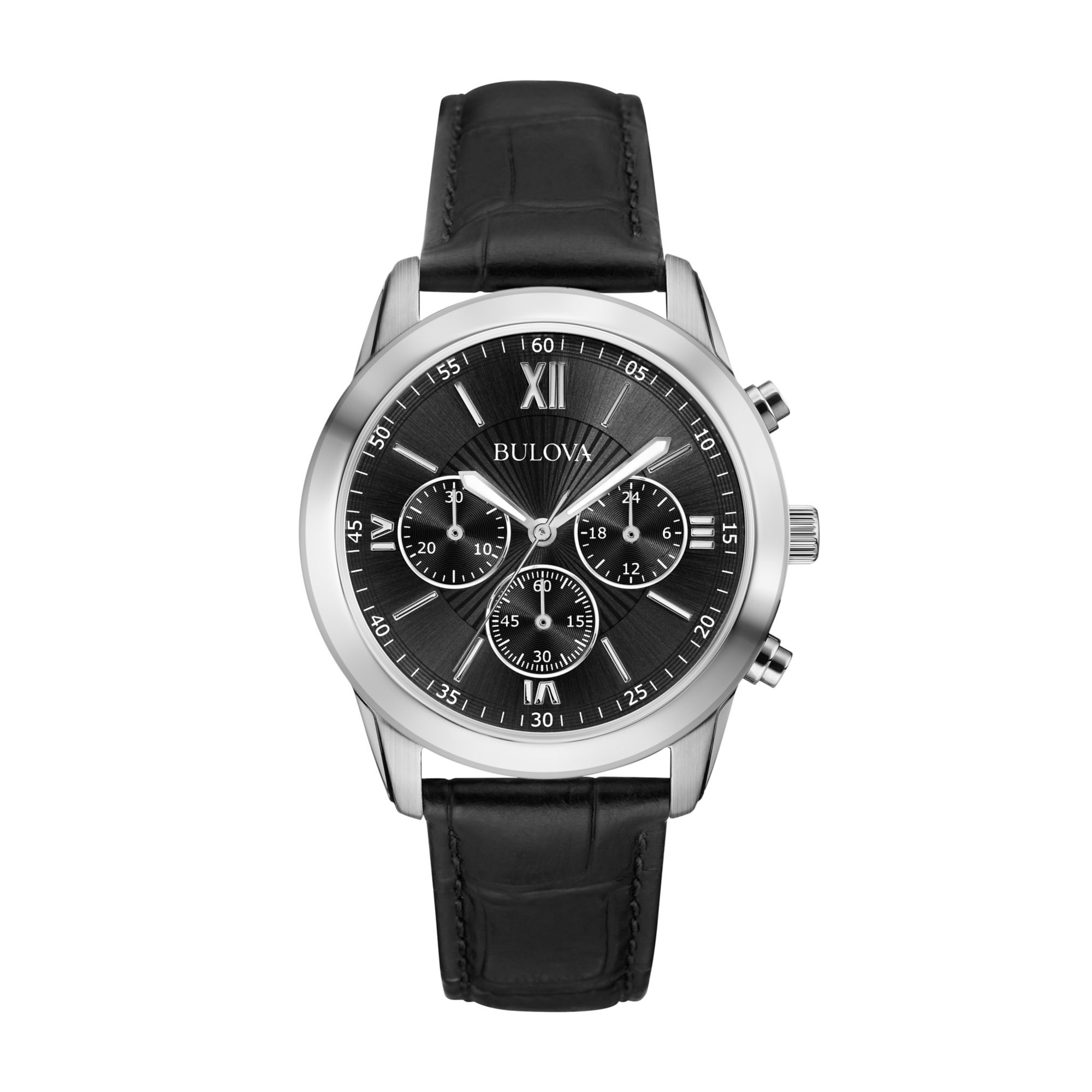 Bulova mens watch black leather strap hotsell