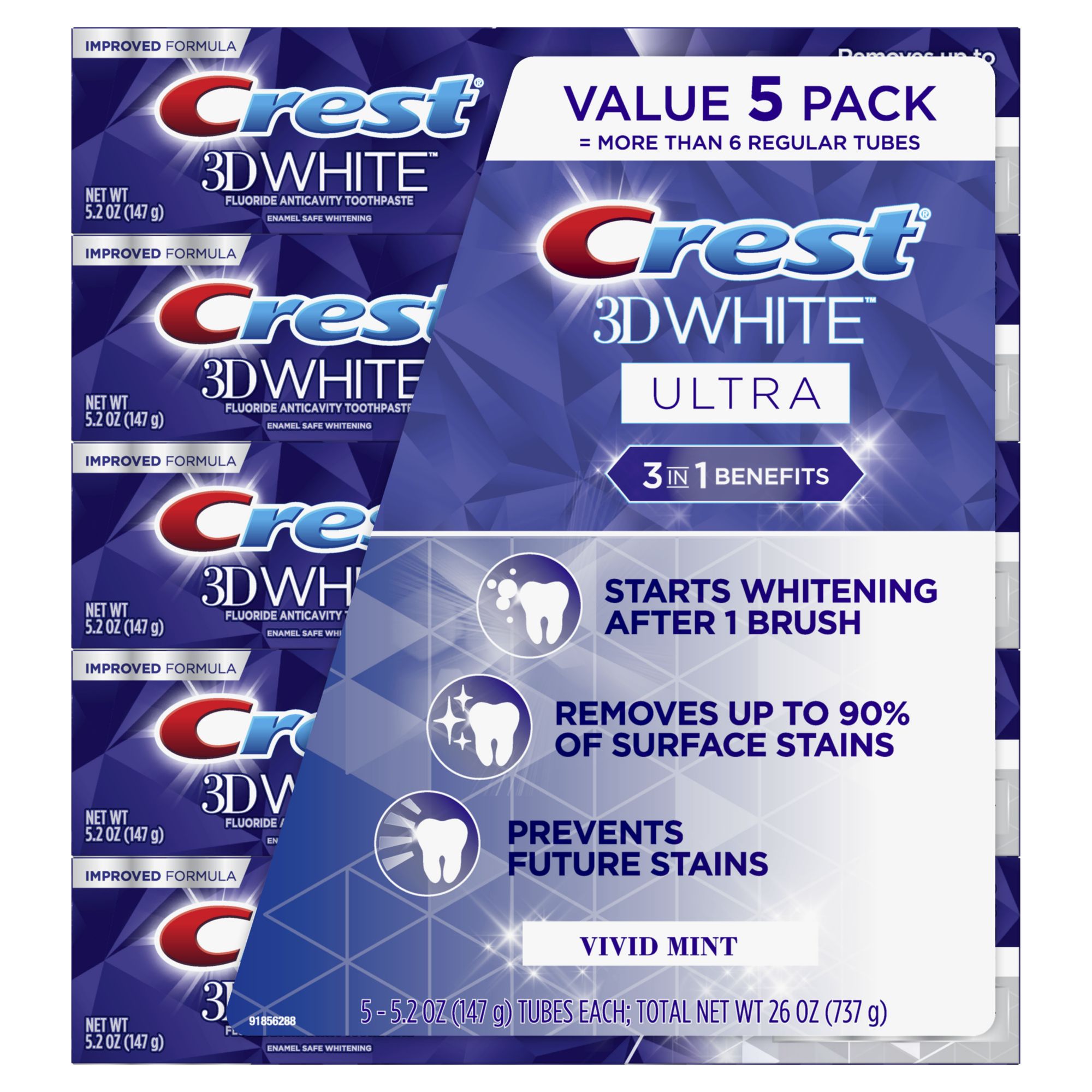 Crest 3D White Ultra Teeth Whitening Toothpaste, 5 pk./5.2 oz. - Vivid Mint