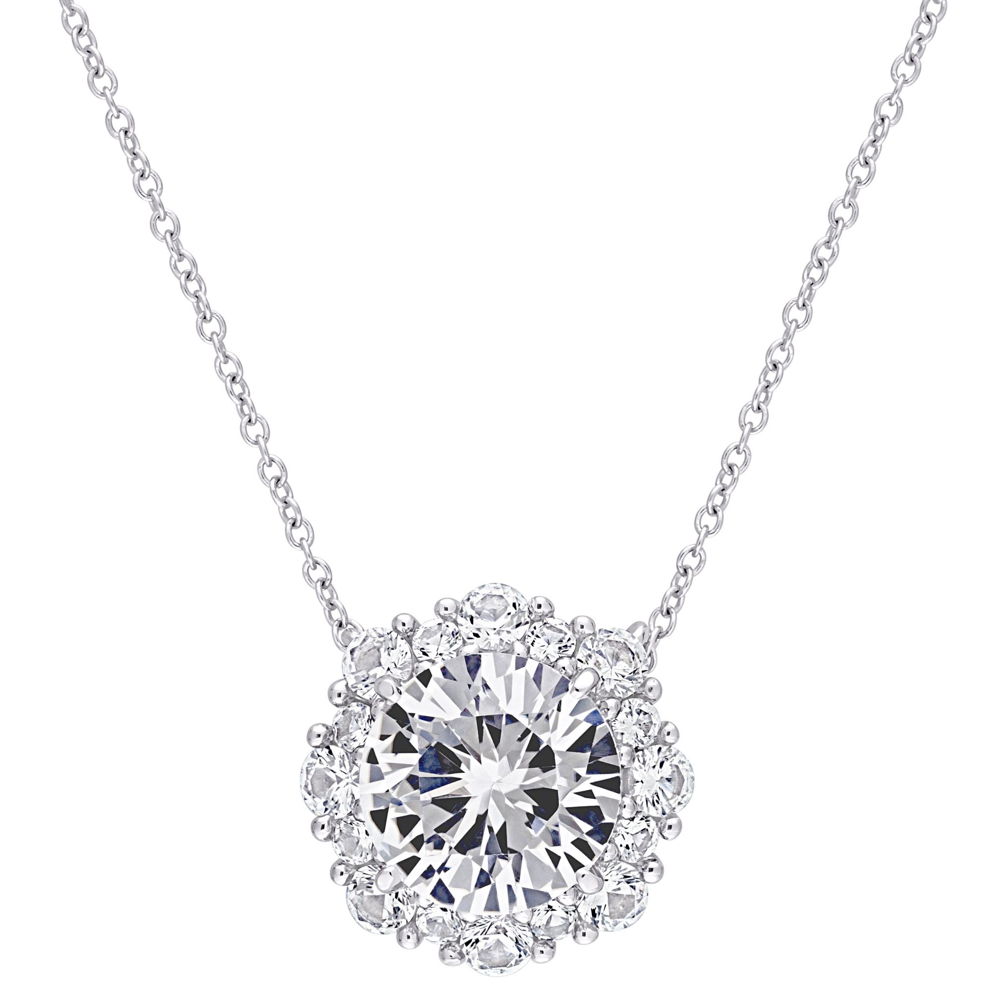 4.37 ct. t.g.w. Created White Sapphire Halo Necklace in 10k White Gold