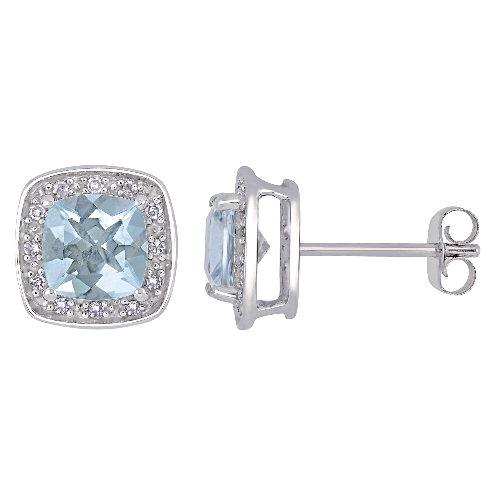 1.75 ct. t.g.w. Aquamarine and 0.1 ct. t.w. Diamond Cushion Halo Earrings in 10k White Gold