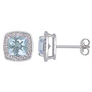 1.75 ct. t.g.w. Aquamarine and 0.1 ct. t.w. Diamond Cushion Halo Earrings in 10k White Gold