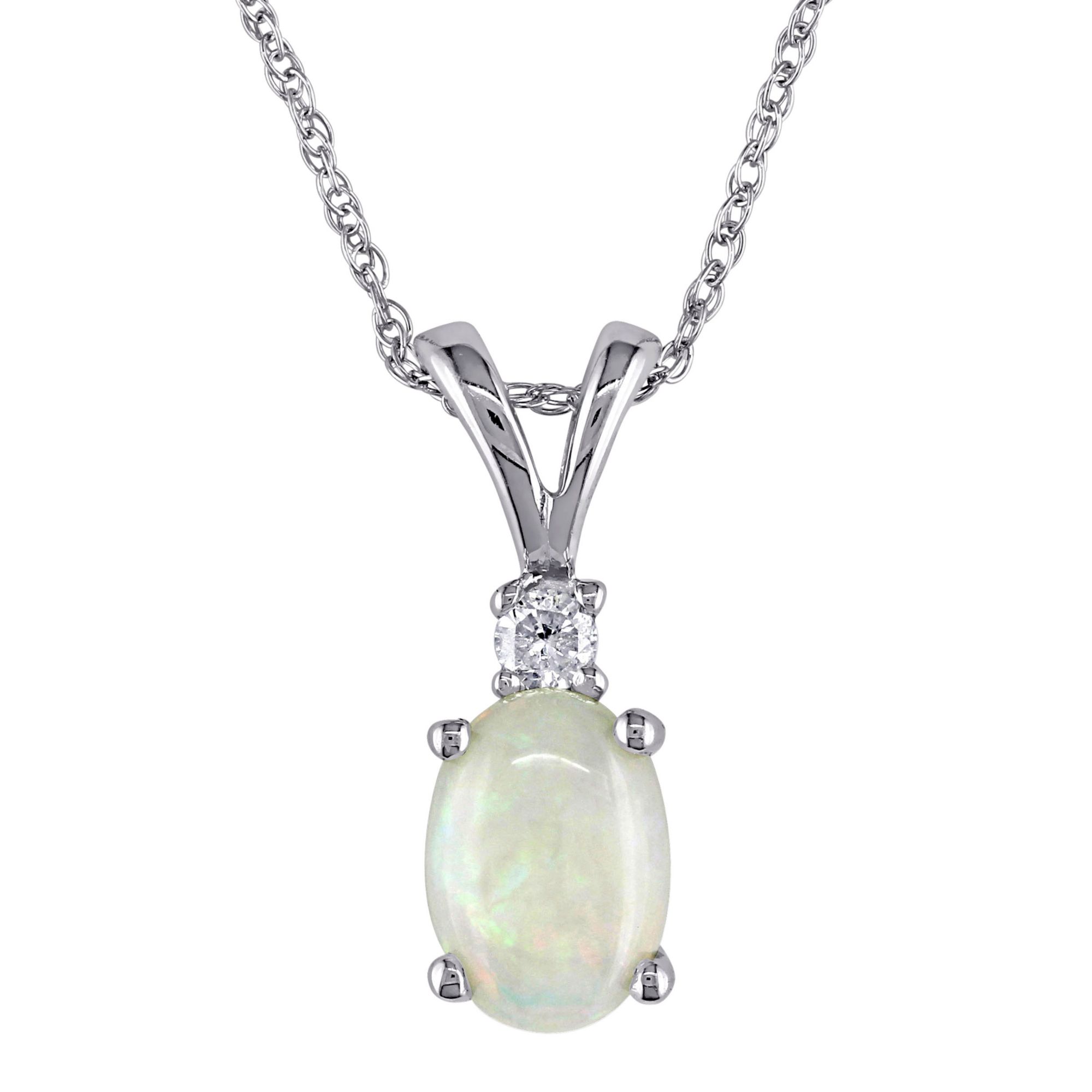 0.4 ct. t.g.w. Opal and Diamond Accent Oval Necklace in 10k White Gold