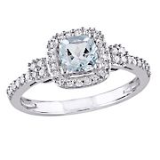 0.5 ct. t.g.w. Aquamarine and 0.16 ct. t.g.w. Diamond Halo Ring in 10k White Gold, Size 6