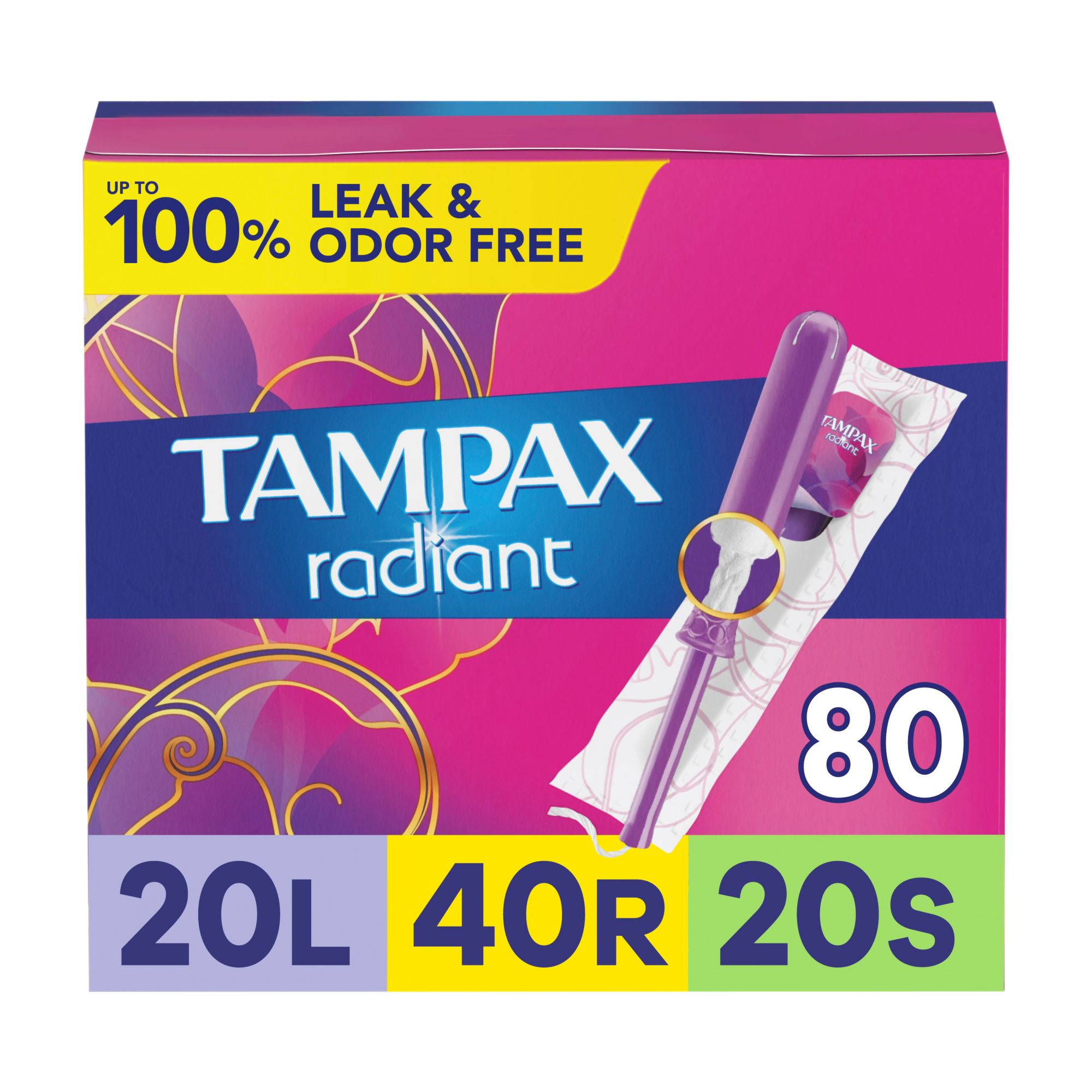 Tampax Radiant Tampons Trio Pack with LeakGuard Braid, Lite/Regular/Super Absorbency, 80 ct. - Unscented