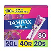 Tampax Radiant Tampons Trio Pack, Light/Regular/Super Absorbency and Unscented, 80 ct.