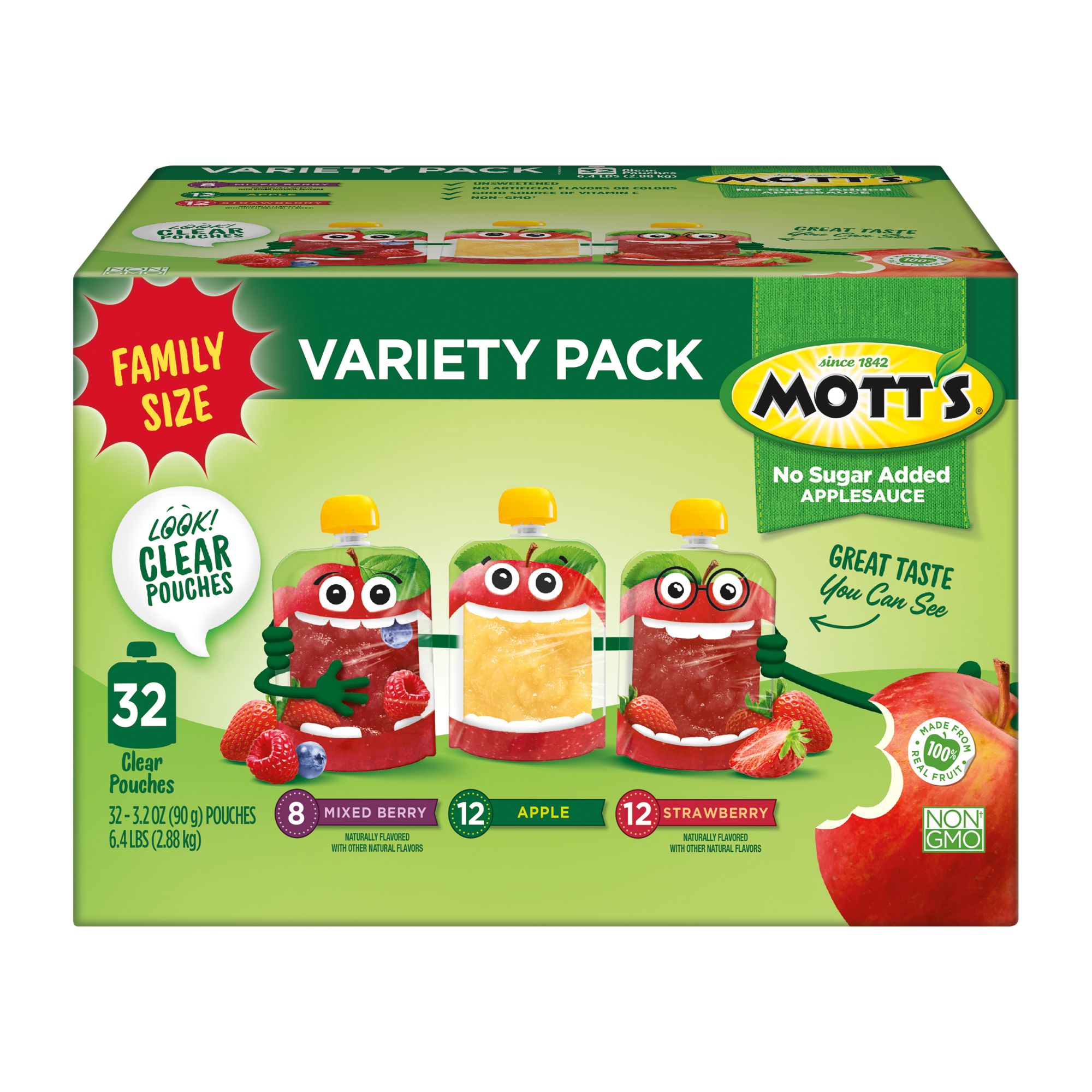 Mott's No Sugar Added Applesauce Variety Pack with Clear Pouches, 32 pk./3.2 oz.