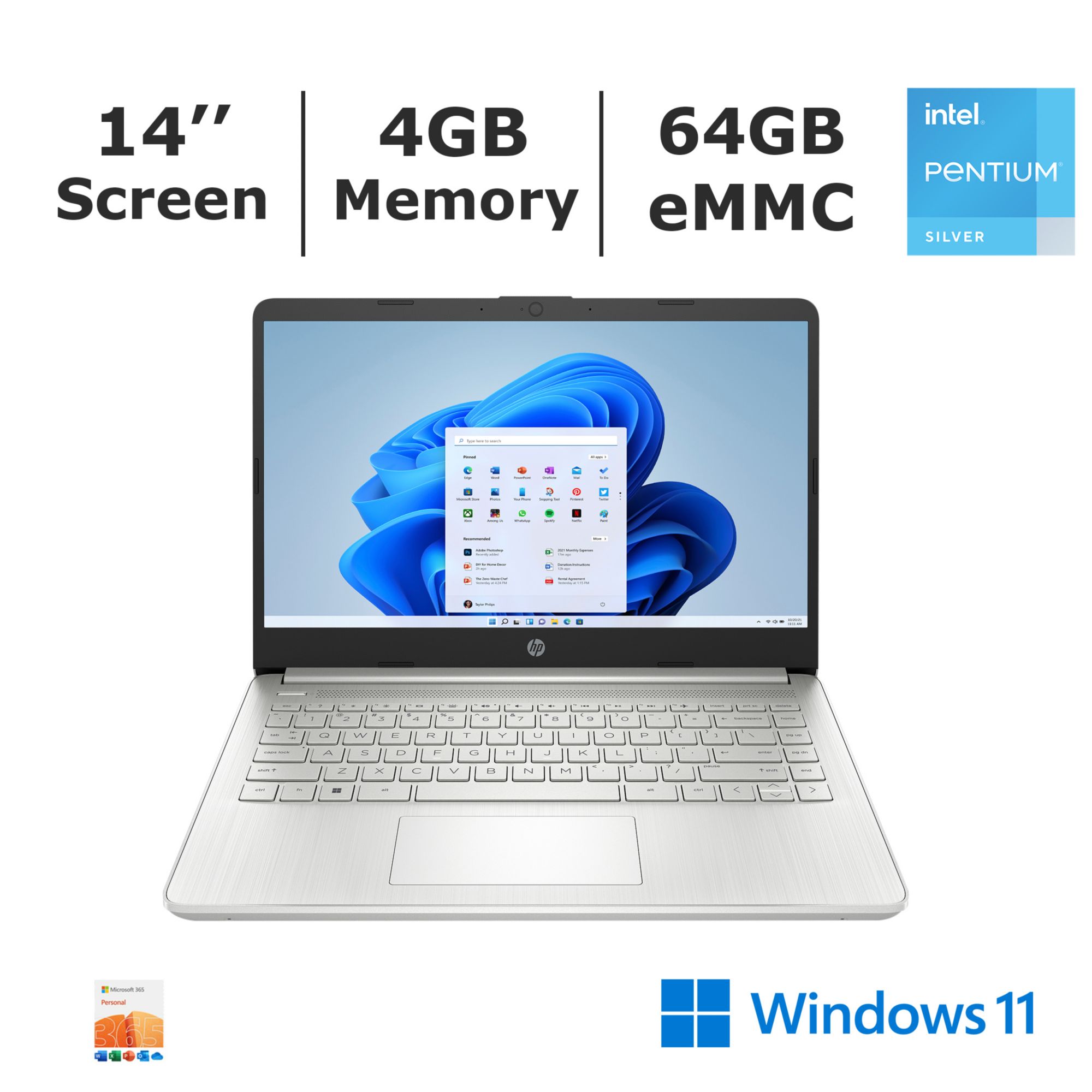 HP Inc. 14-DQ0075nr Laptop, Intel Pentium Silver N5030 Processor, 4GB Memory, 64GB eMMc with 1-Year of Office365 Personal