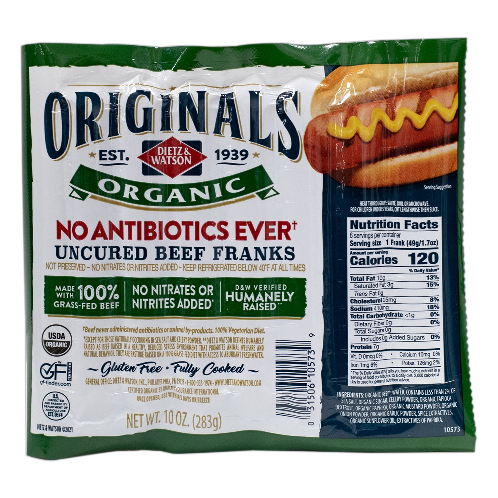 A & H Uncured No Nitrate or Nitrite added Kosher Beef Hot Dog 12 oz.