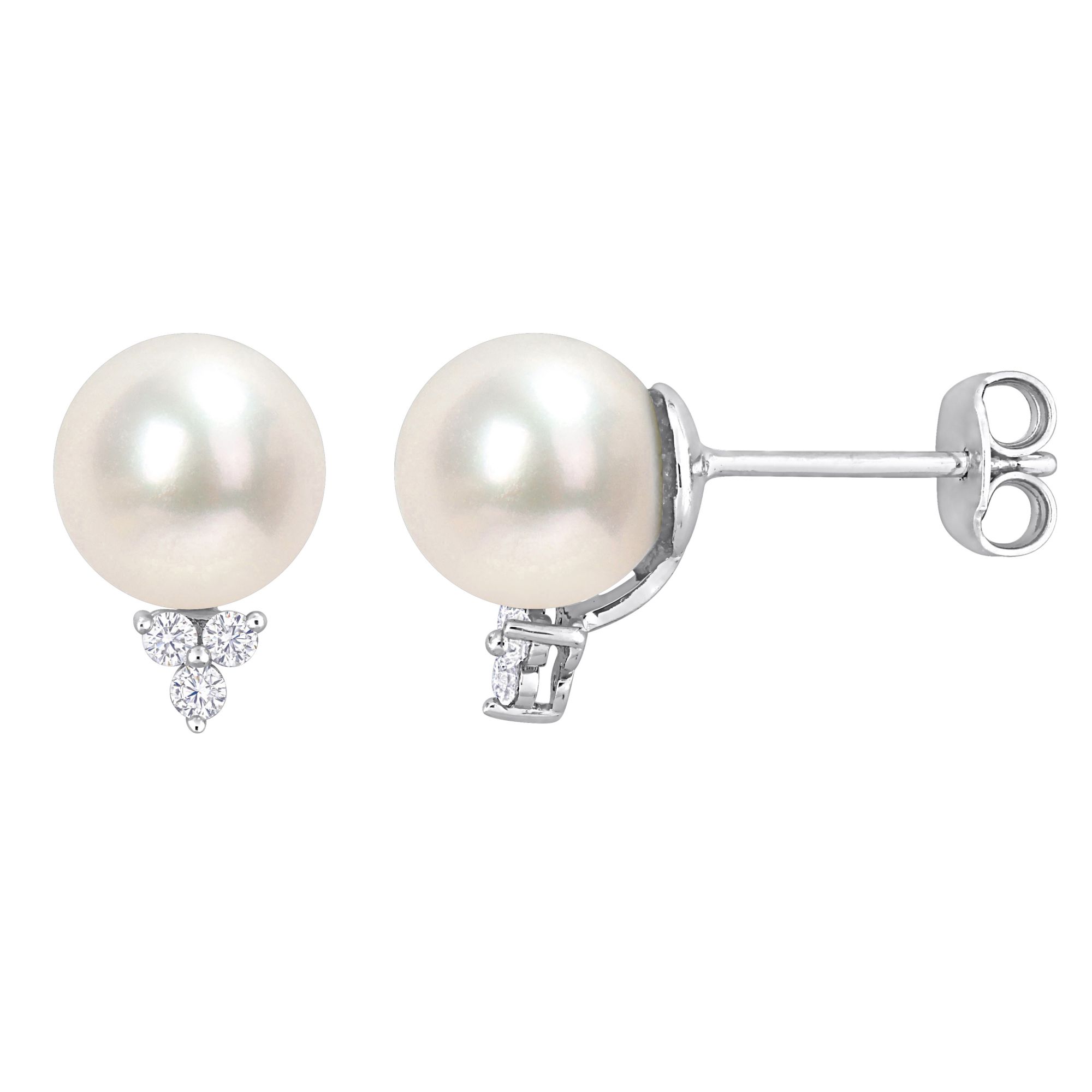 8.5-9 mm Cultured Pearl and .10 ct. t.w. Diamond Bow Earrings in Sterling  Silver