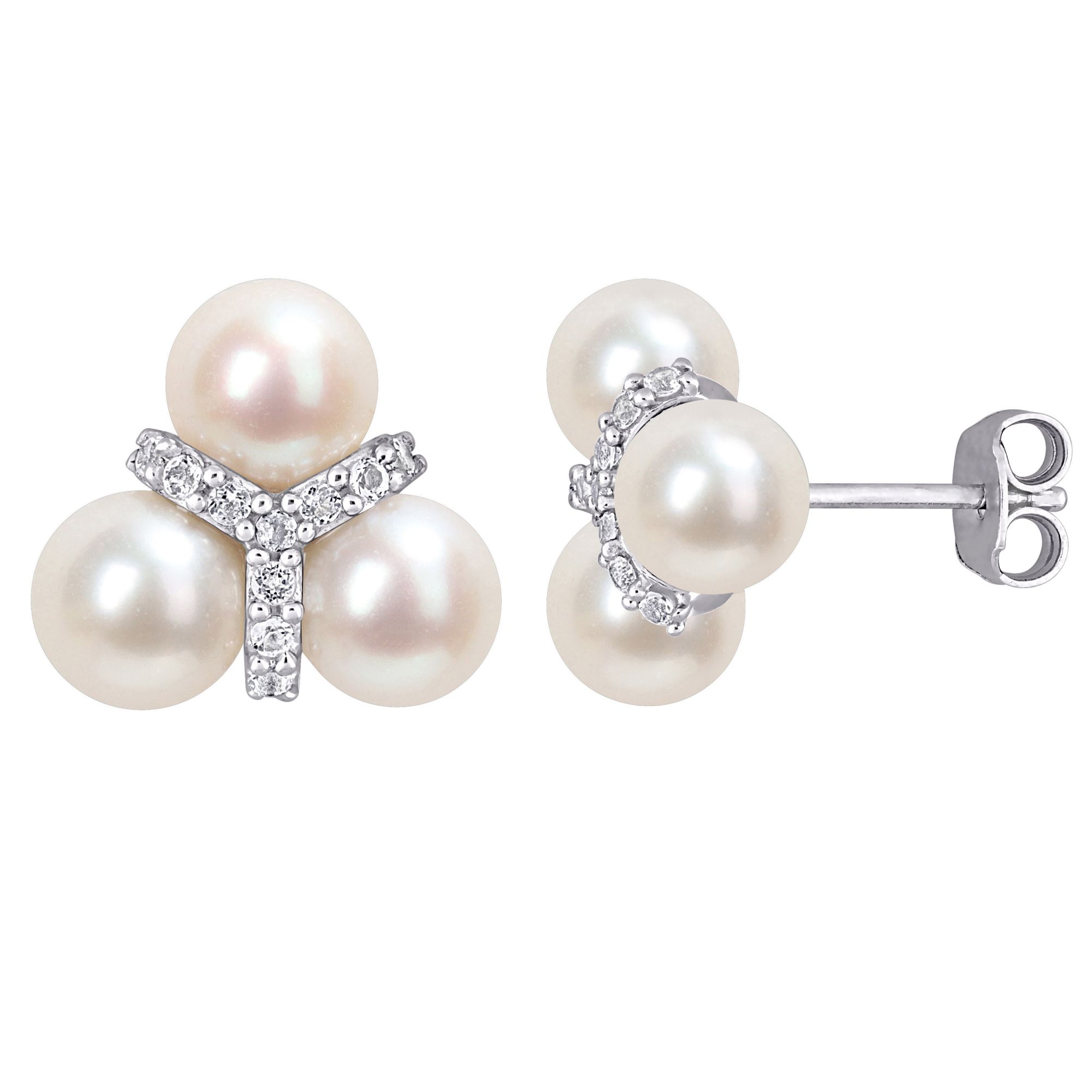 6-6.5mm Cultured Freshwater Pearl and 0.2 ct. t.g.w. White Topaz Floral Stud Earrings in Sterling Silver