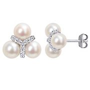 6-6.5mm Cultured Freshwater Pearl and 0.2 ct. t.g.w. White Topaz Floral Stud Earrings in Sterling Silver
