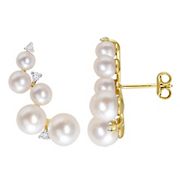 4-7mm Cultured Freshwater Pearl and 0.25 ct. t.g.w. White Topaz Climber Earrings in Yellow Gold Plated Sterling Silver