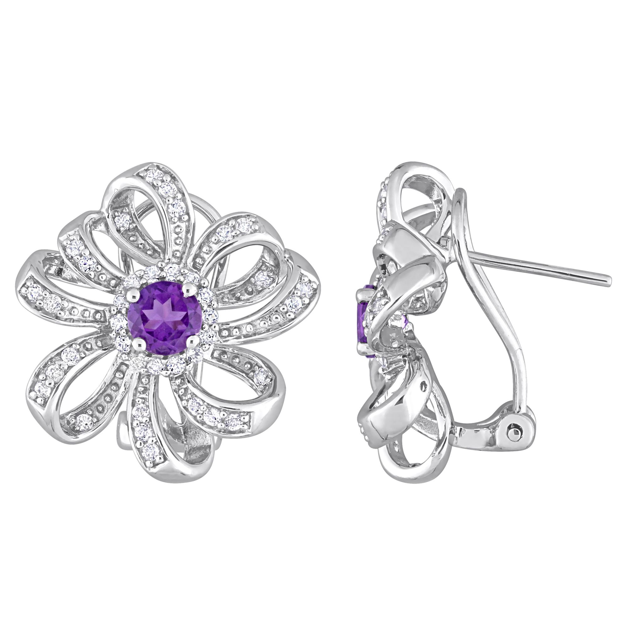 1.62 ct. t.g.w Amethyst and White Topaz Flower Earrings in Sterling Silver