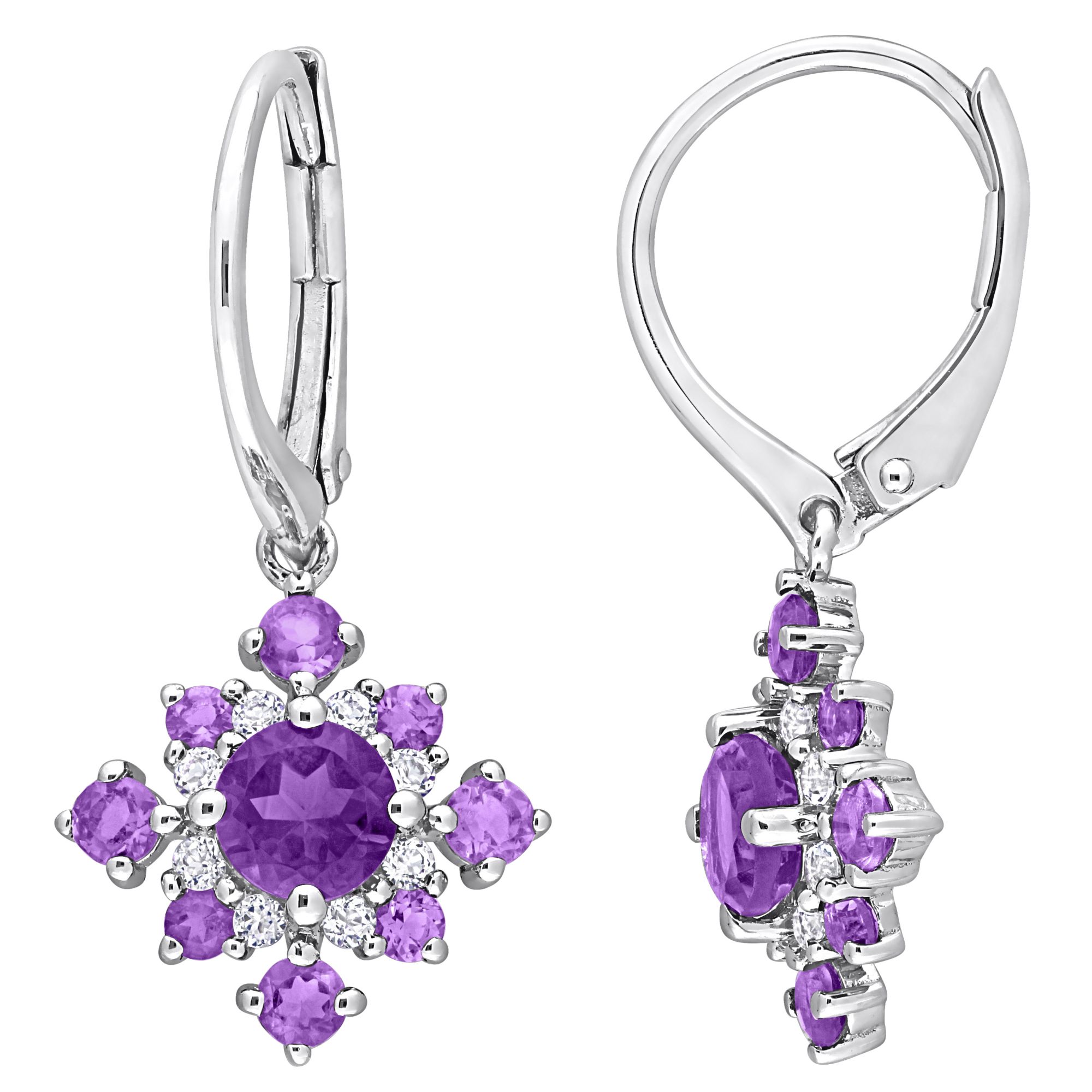 2.1 ct. t.g.w Amethyst and White Topaz Cluster Drop Earrings in Sterling Silver