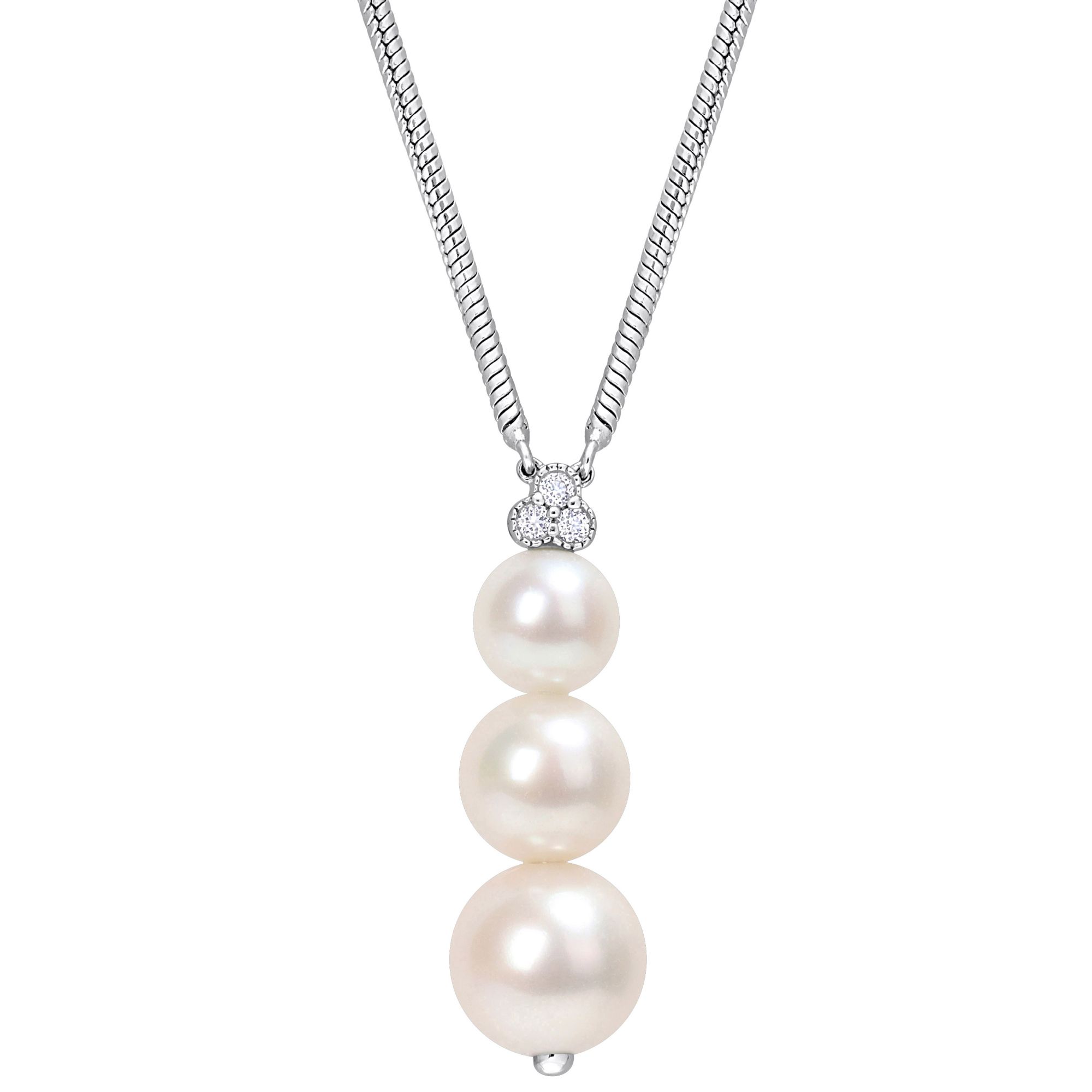6-8.5mm Cultured Freshwater Pearl and 0.1 ct. t.g.w. White Topaz Drop Necklace in Sterling Silver