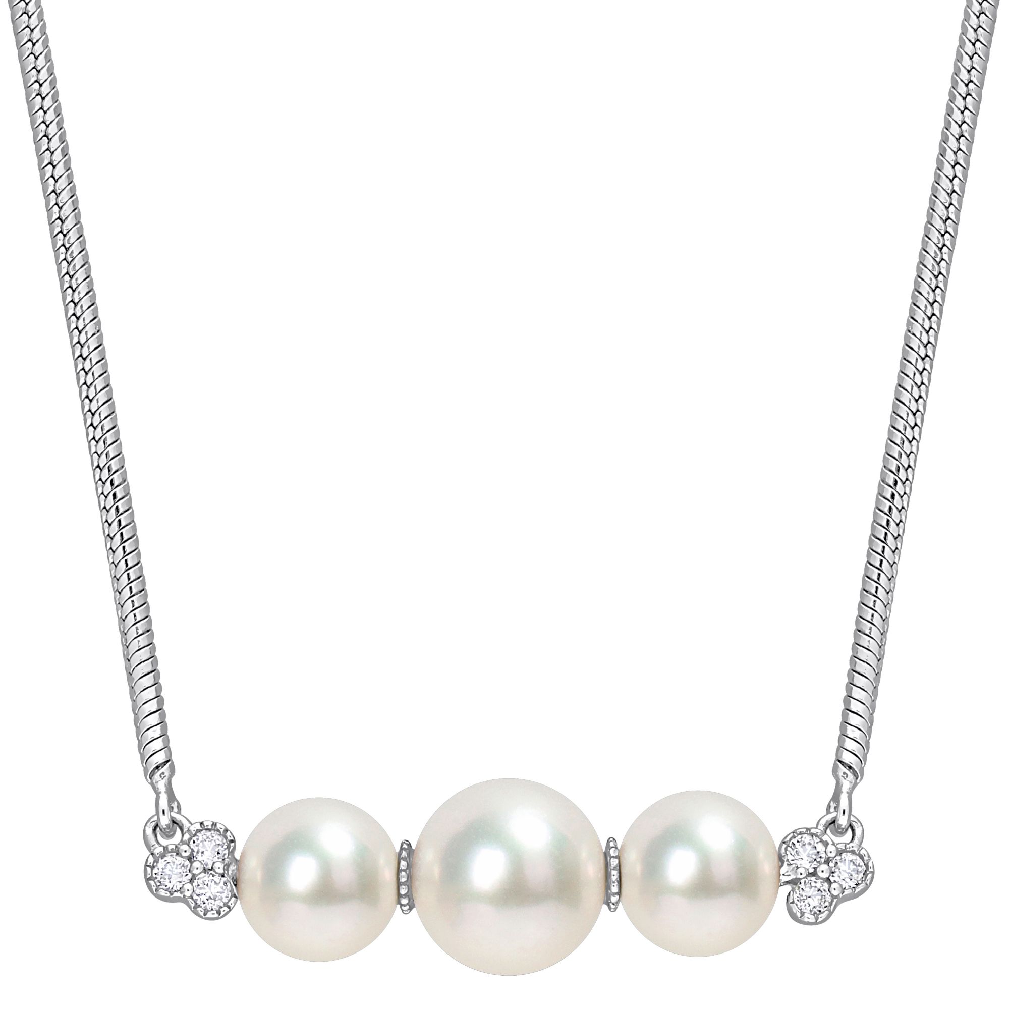 6-7.5mm Cultured Freshwater Pearl and 0.2 ct. t.g.w. White Topaz Bar Necklace in Sterling Silver