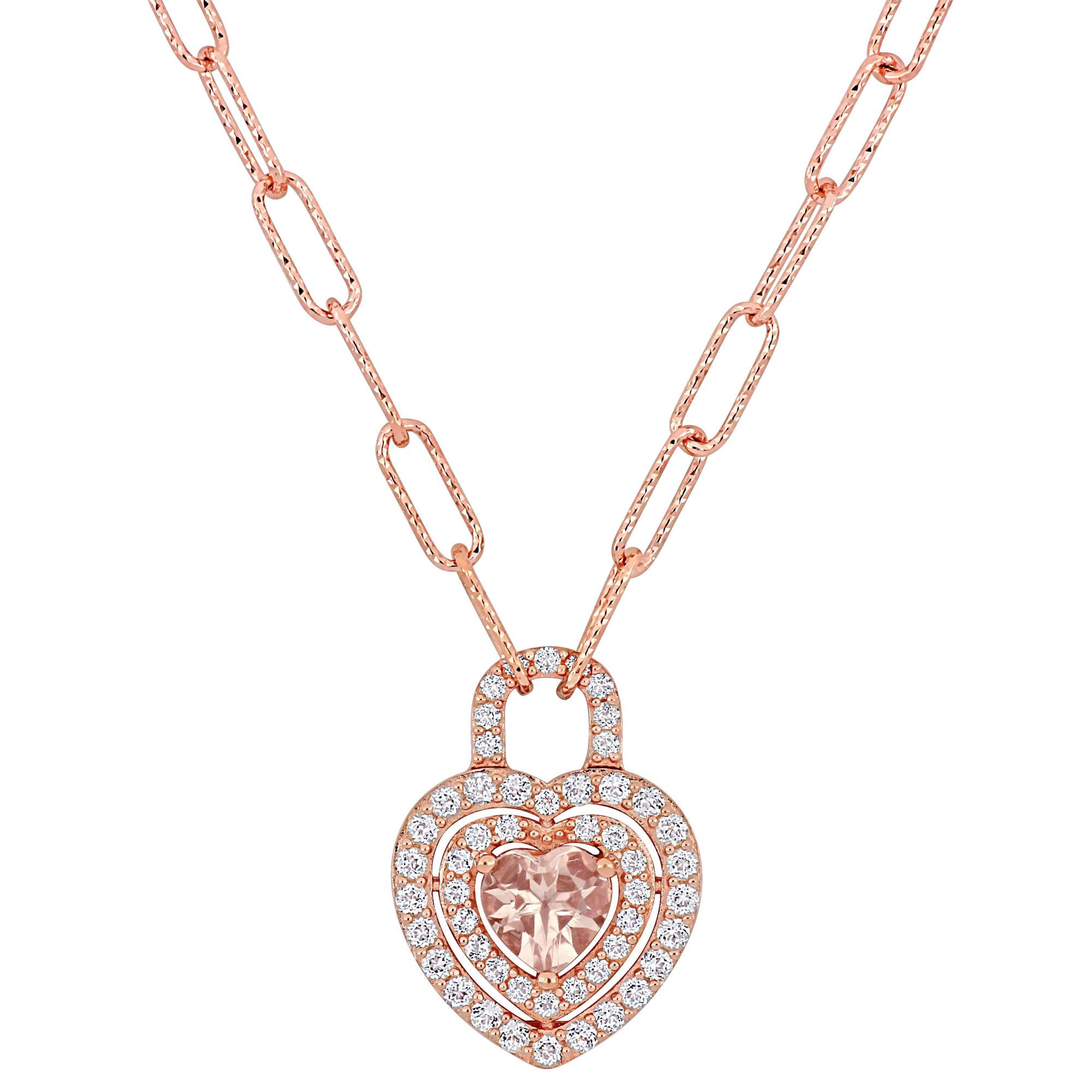 1.62 ct. t.g.w Morganite and White Topaz Halo Heart Necklace in 18k Rose Gold Plated Sterling Silver
