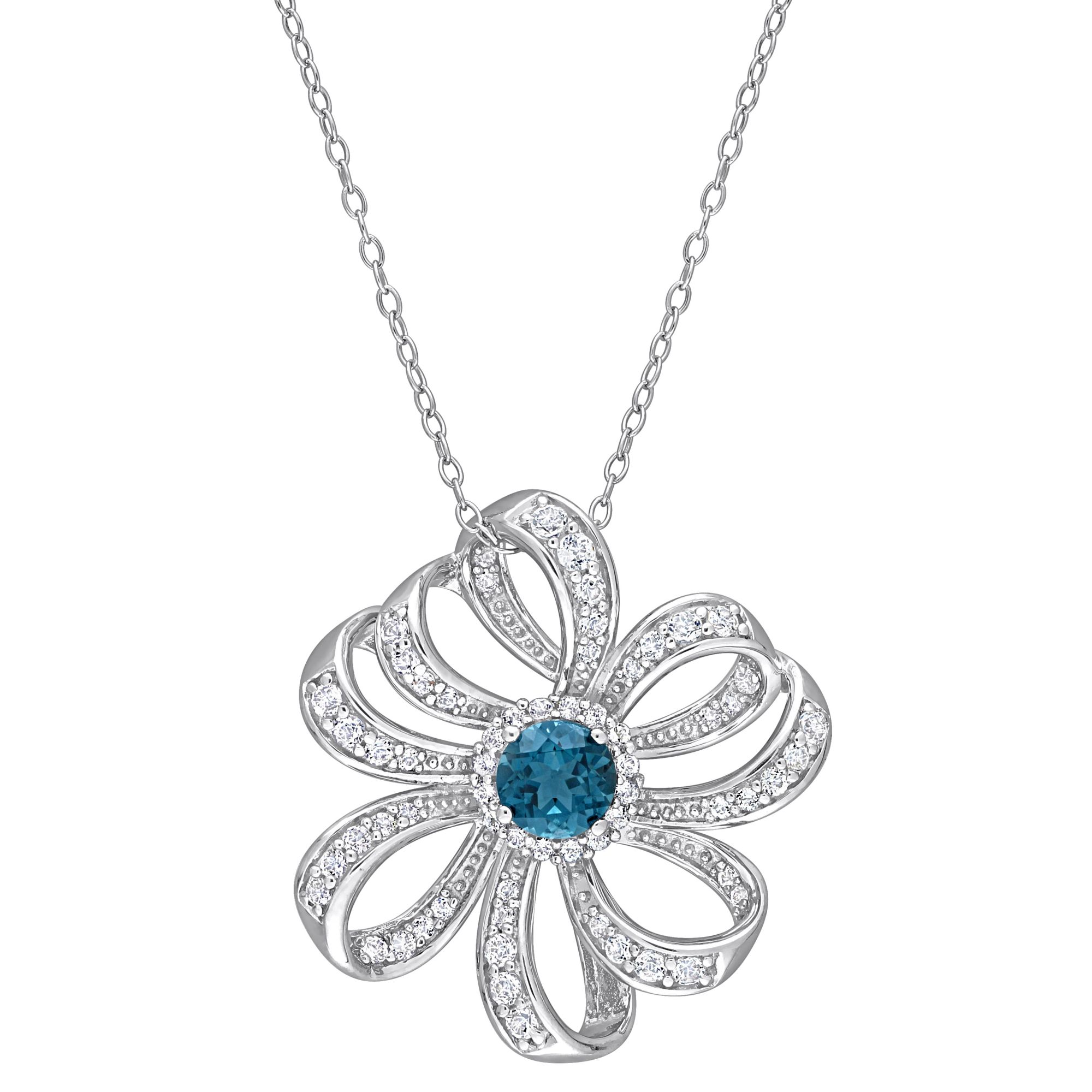 2.25 ct. t.g.w London Blue Topaz and White Topaz Flower Necklace in Sterling Silver