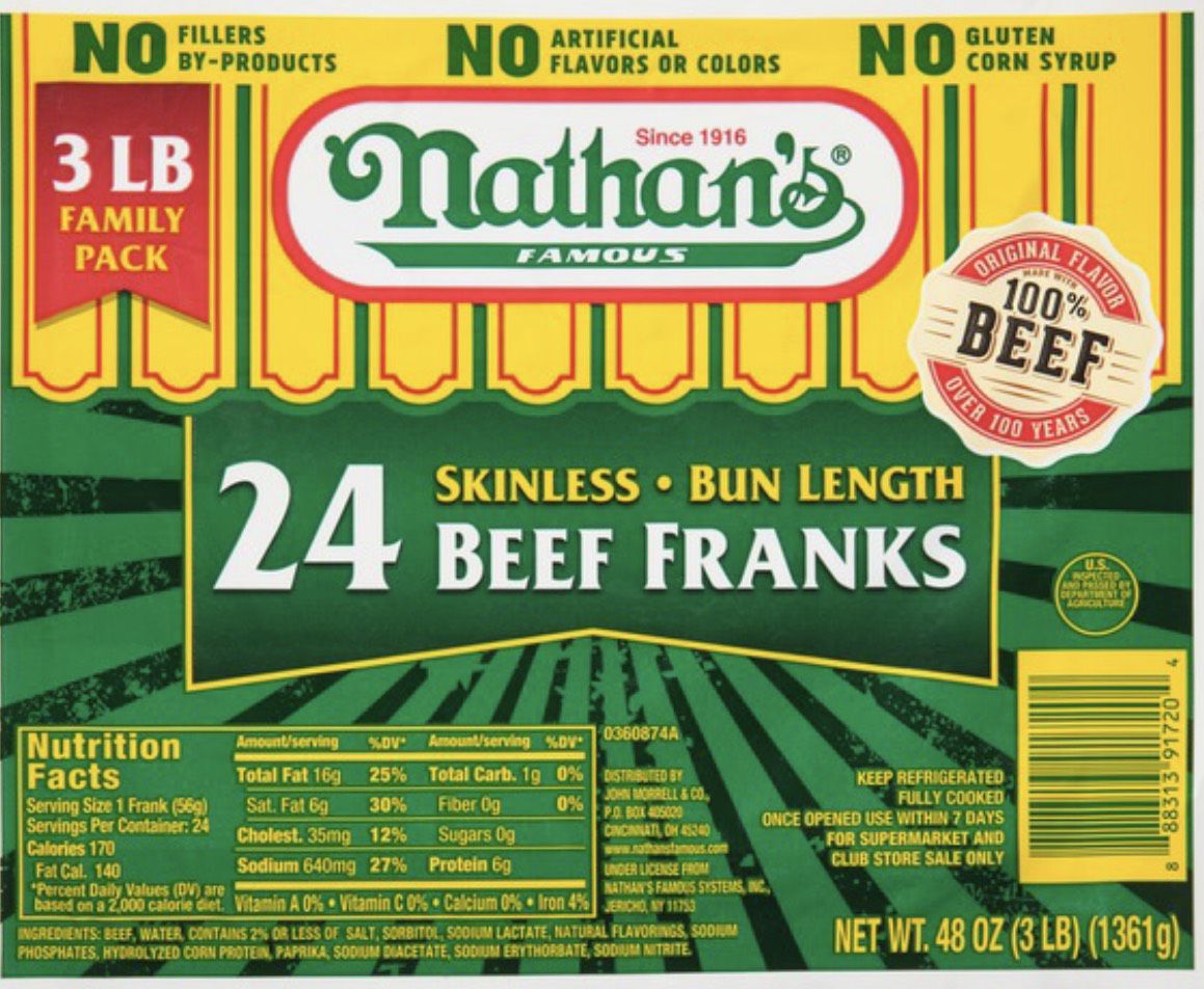Nathan's Famous Skinless Beef Franks, 3 lbs.