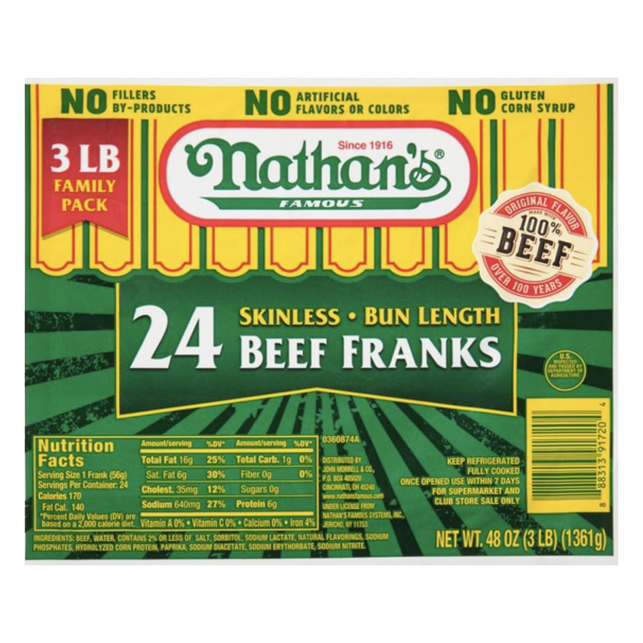 Nathan's Famous Skinless Beef Franks, 3 lbs.