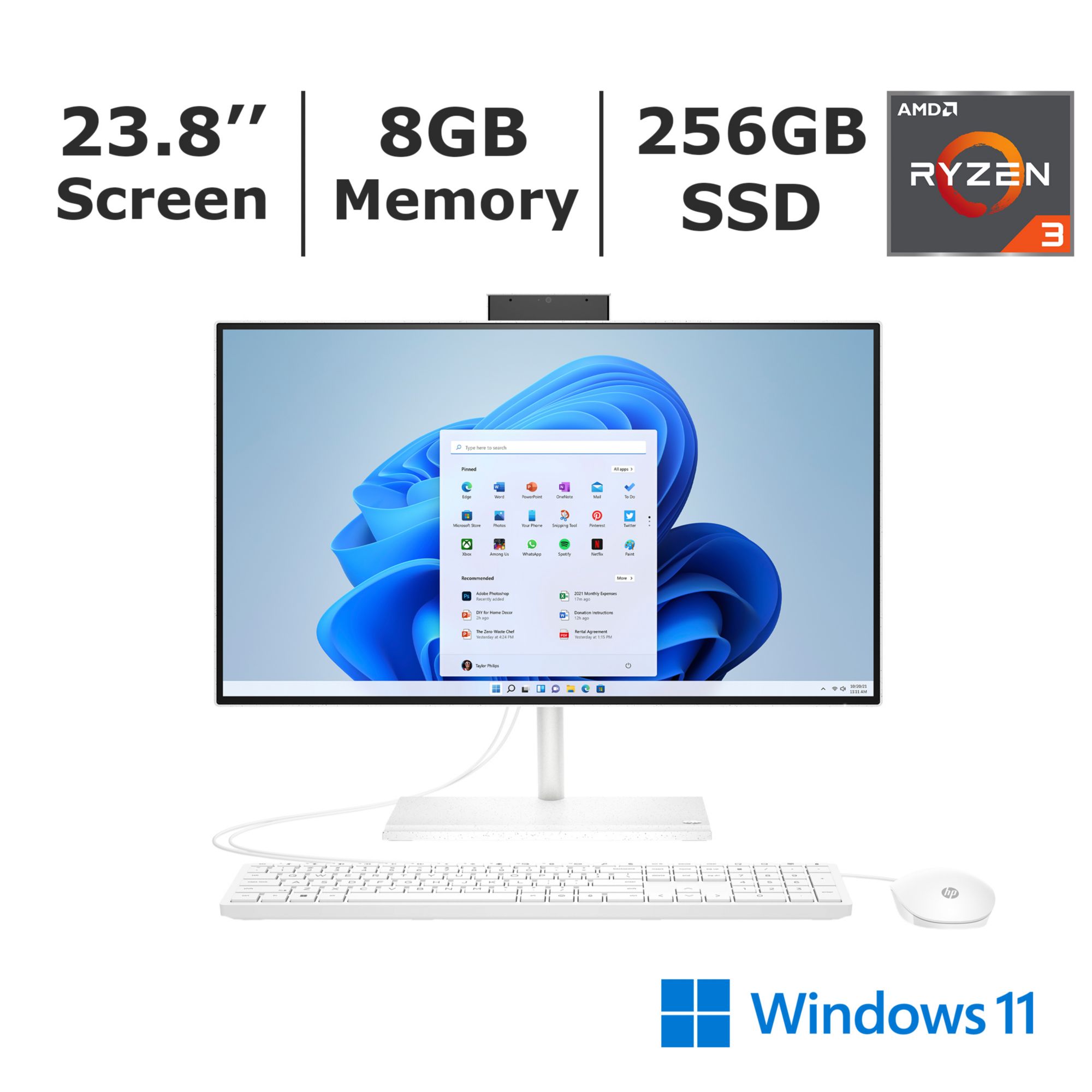 HP Inc. 23.8&quot; All-in-One Desktop PC, AMD Ryzen 3 5425U Processor, 8GB Memory, 256GB SSD