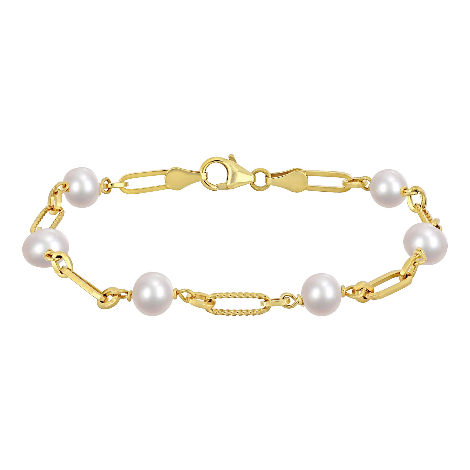 Cultured Freshwater Pearl Station Link Bracelet in 18k Gold Plated Silver