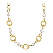 Cultured Freshwater Pearl and Circle Rings Station Necklace in 18k Gold Plated Silver