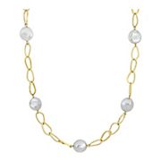 14-15mm Cultured Freshwater Pearl Coin Station Chain Necklace in 18k Gold Plated Silver