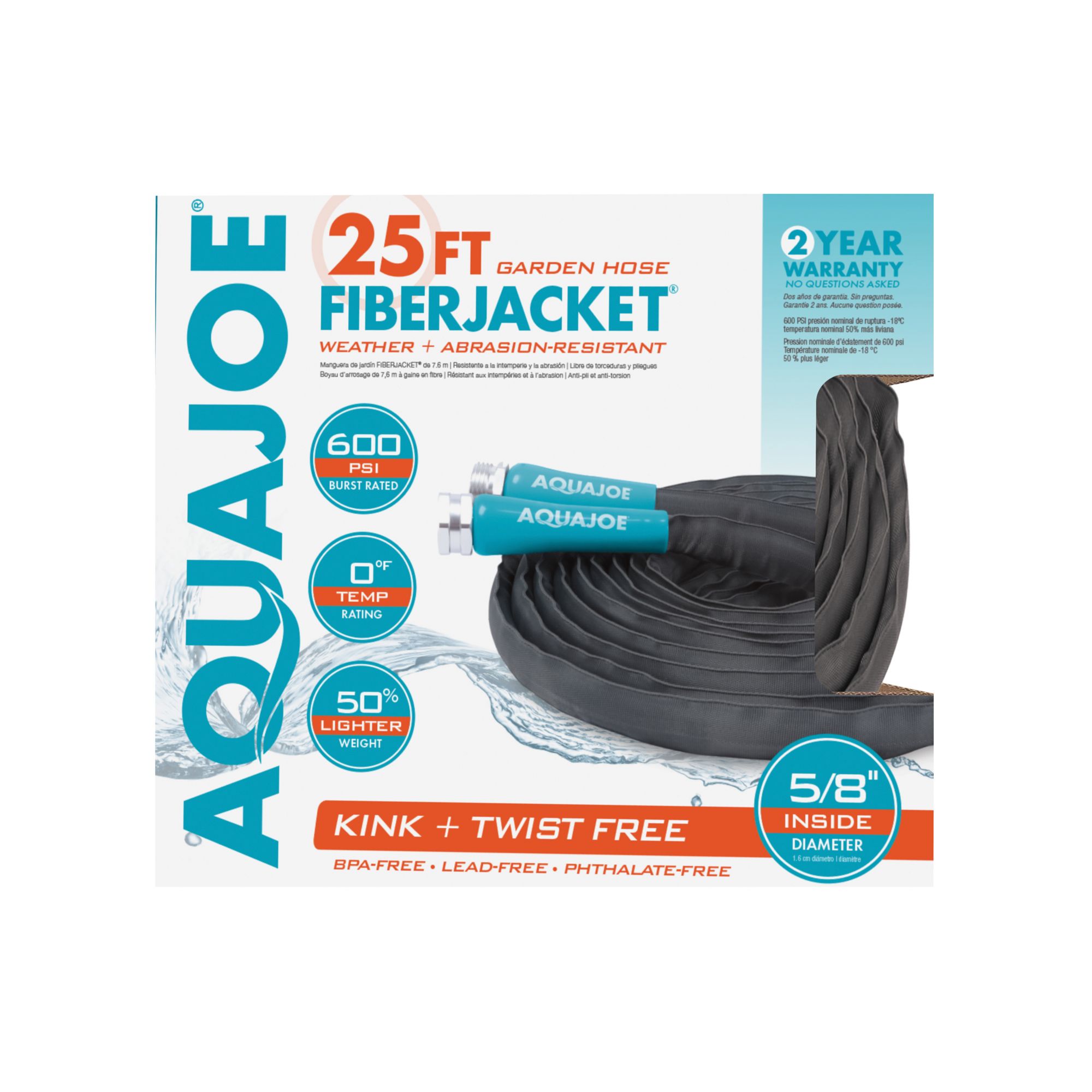 Aqua Joe AJFJH25-58-PRO 25' Ultra Flexible Kink Free Fiberjacket Garden Hose