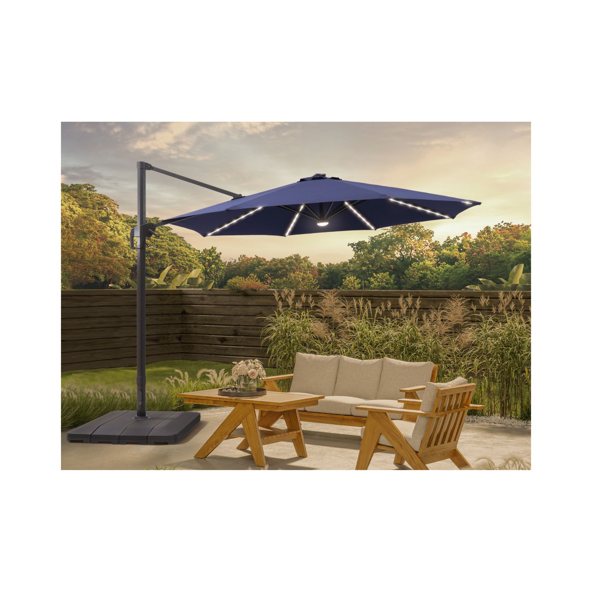 Berkley Jensen 11' Aluminum Offset Umbrella with Solar LEDs and Stand - Navy