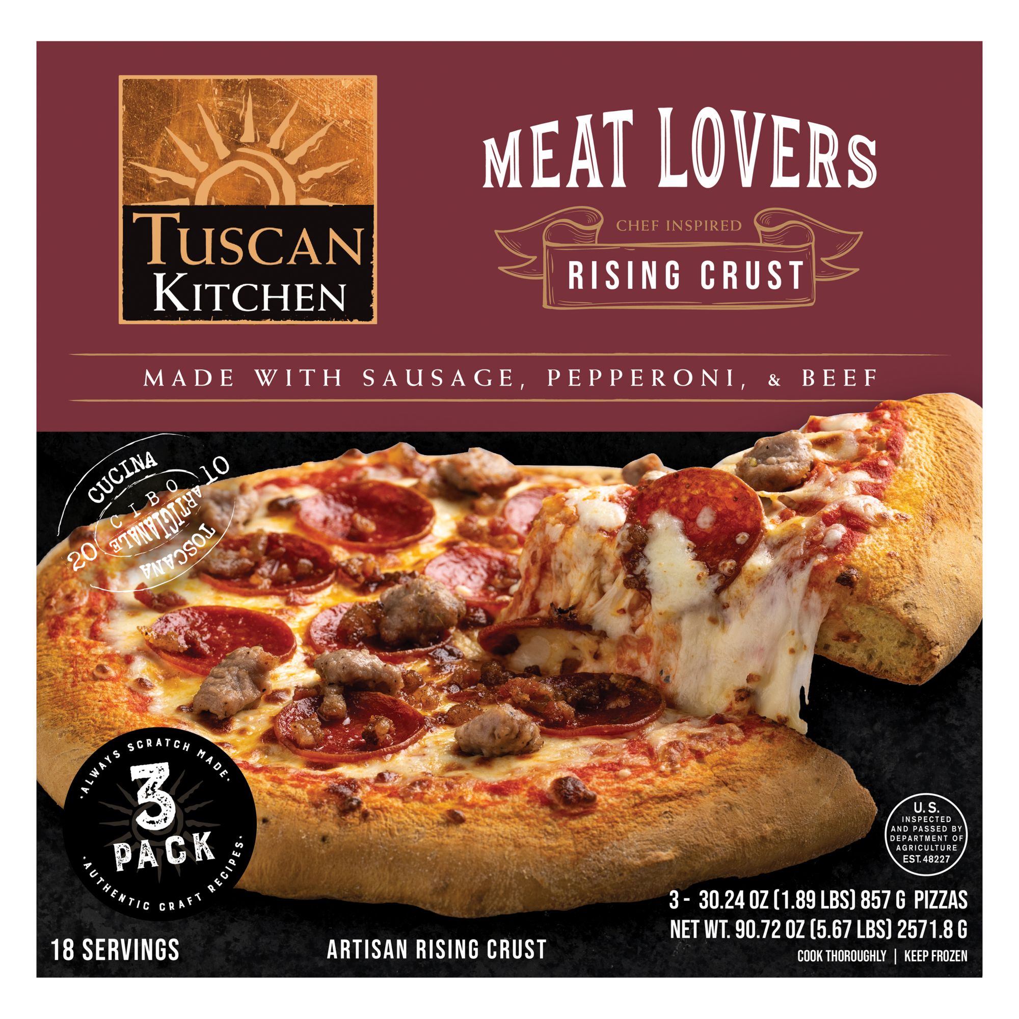Tuscan Kitchen Meat Lovers Rising Crust Pizza, 3 pk.