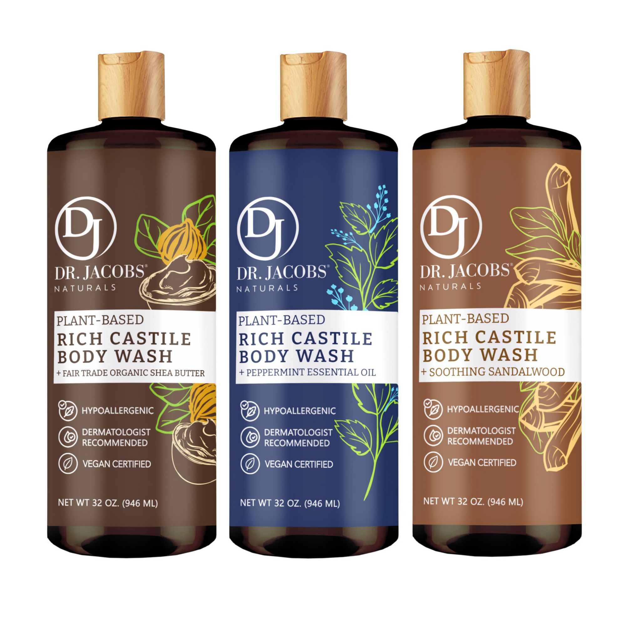 Dr Jacobs Castile Body Wash, 3 pk./32 oz. - Shea Butter/Peppermint/ Sandalwood