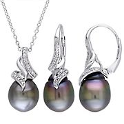 2-Pc Set Tahitian Pearl and 0.1 ct. t.w. Diamond Drop Earrings and Necklace in Sterling Silver