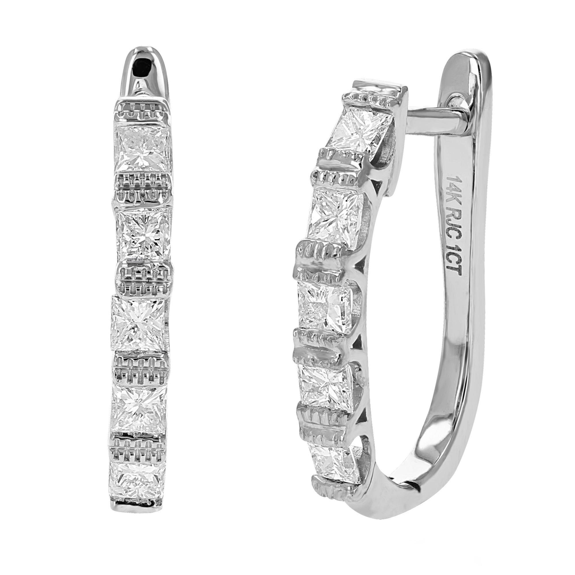 Amairah 1 ct. t. w. Princess Cut Diamond Hoop Earrings 14k White Gold Milgrain Prong Set .75&quot;