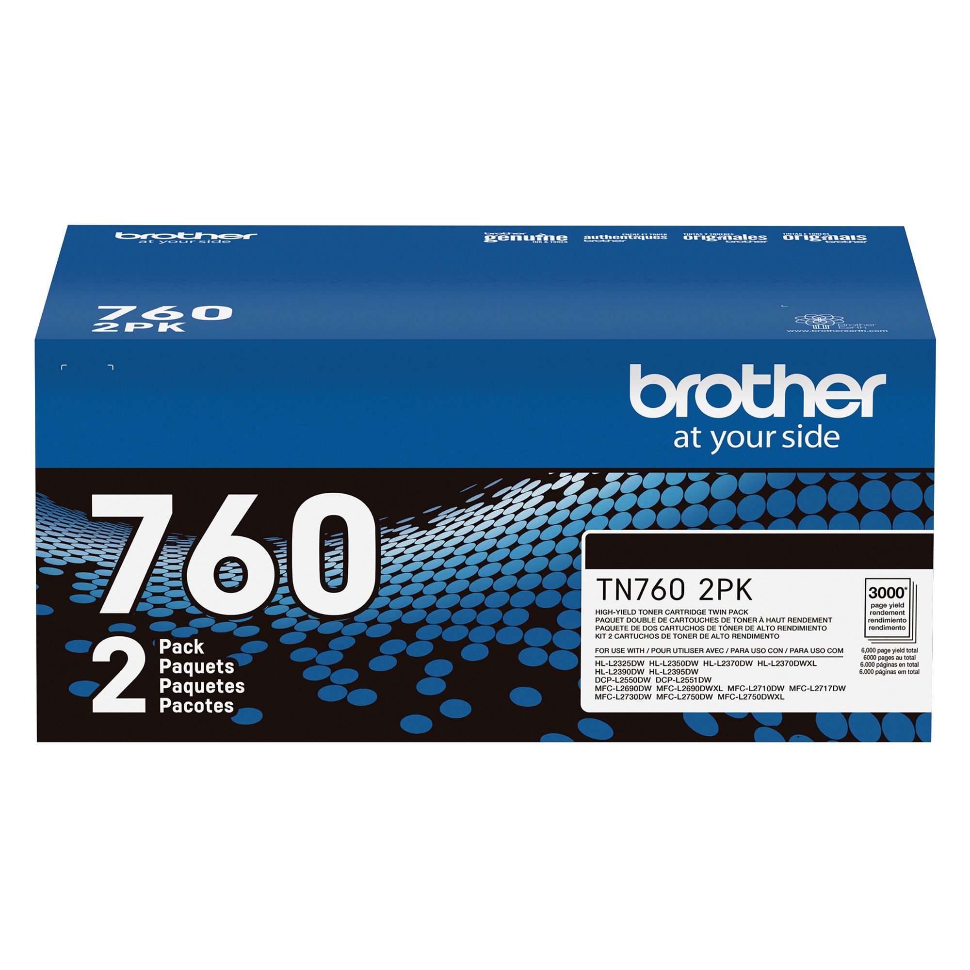 Brother TN760 Toner Cartridge, High Yield, Black, 2 pk with Bonus Ream of  Paper