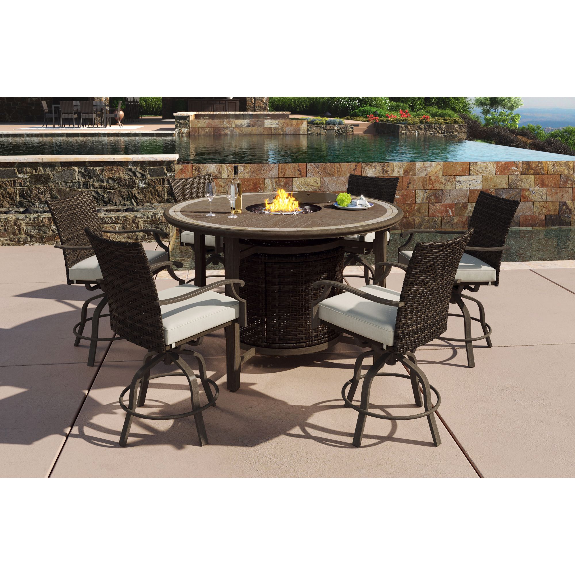 Berkley Jensen Portsmouth 7 Piece Aluminum High Patio Dining Set with Fire Pit