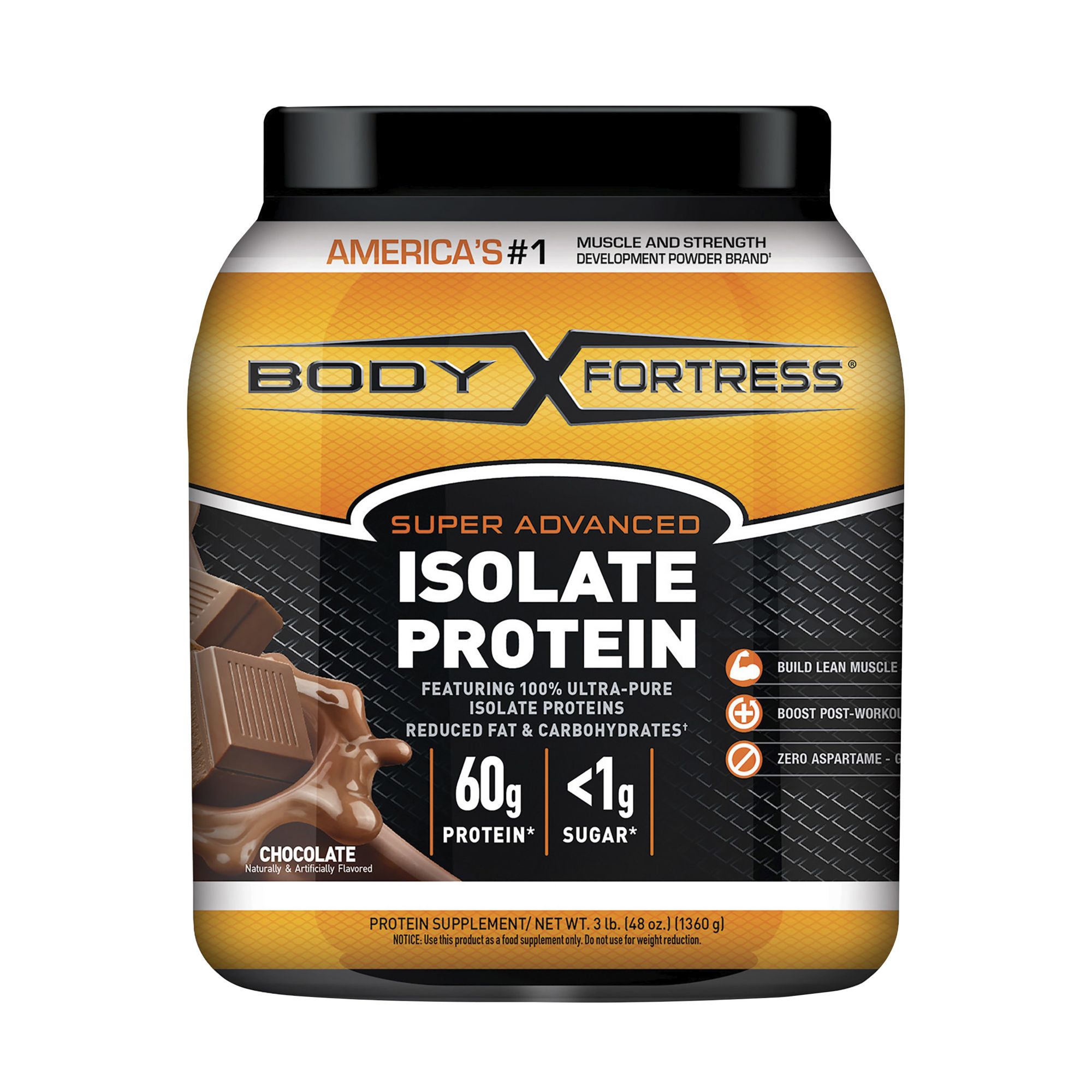 Body Fortress Super Advanced Chocolate Protein Isolate, 3 lbs.