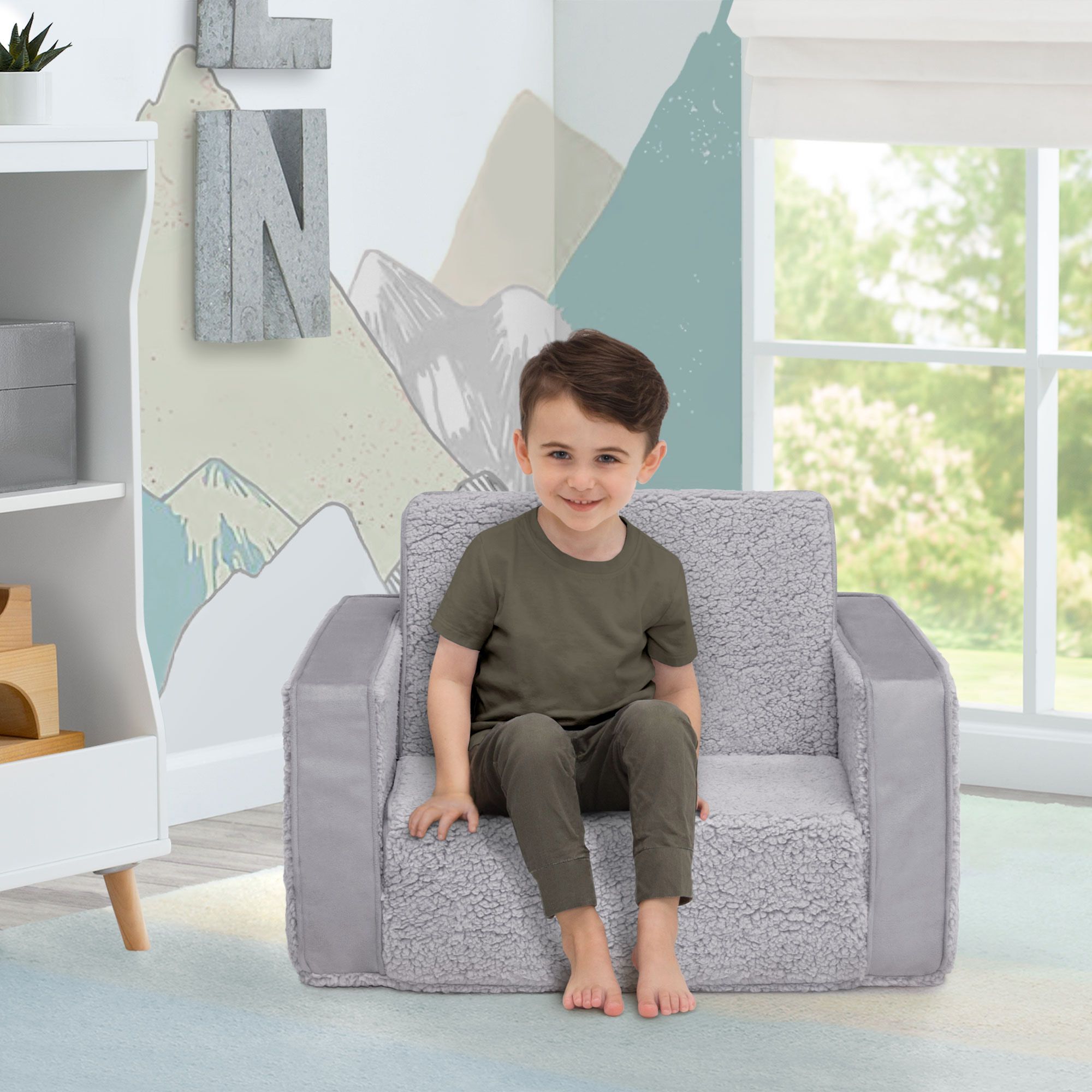 Delta Children Cozee Flip-Out Sherpa 2-in-1 Convertible Chair to Lounger  for Kids, Grey