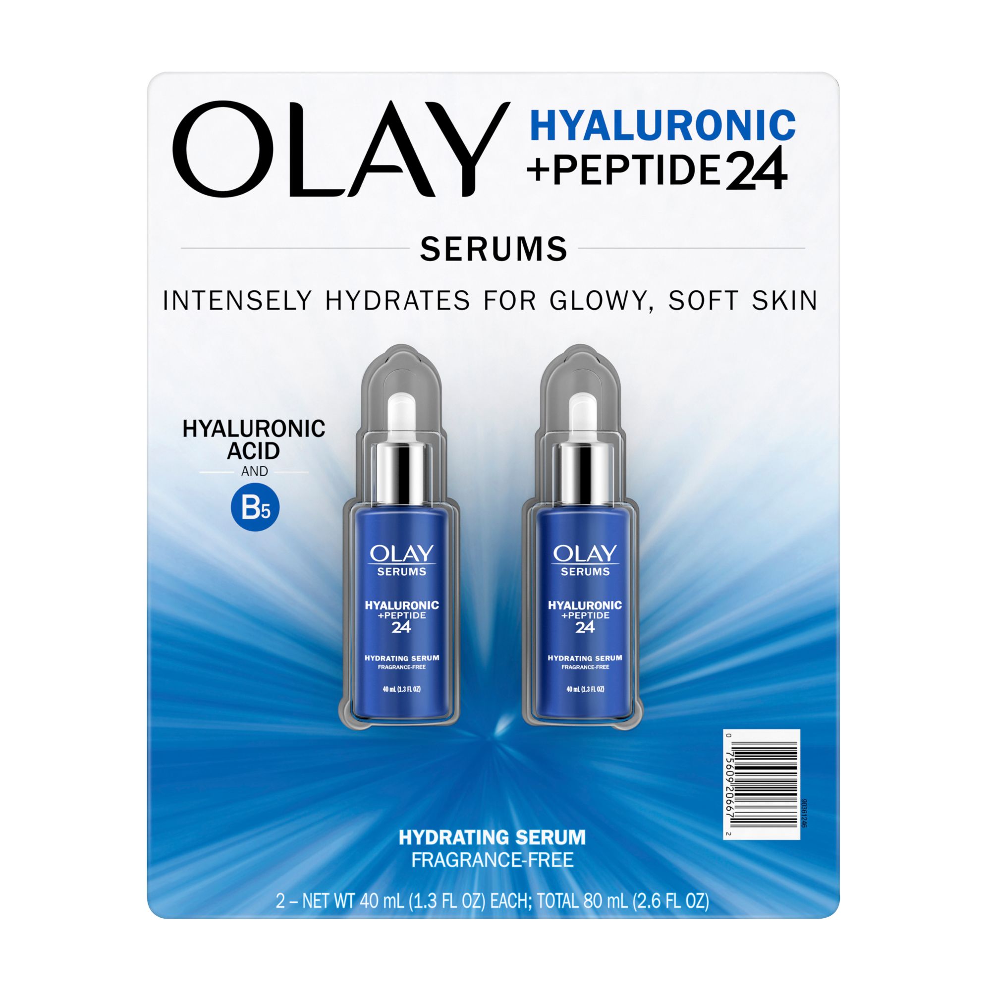 Olay Hyaluronic + Peptide 24 Serum, Fragrance Free, 2 pk./1.3 oz.