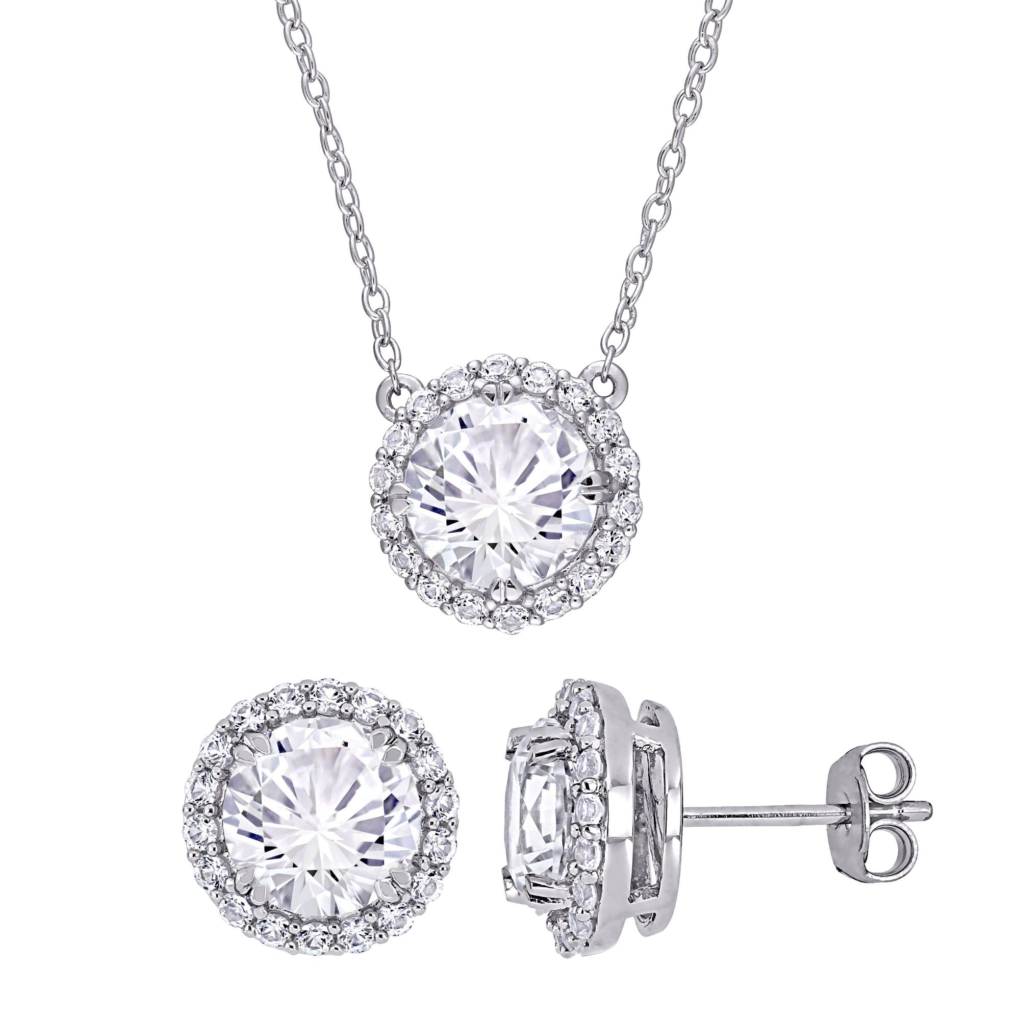 8.33 ct. t.g.w. Created White Sapphire Halo Earring and Necklace in Sterling Silver