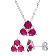 Created Ruby and Created White Sapphire 3-Stone Earrings and Necklace in Sterling Silver