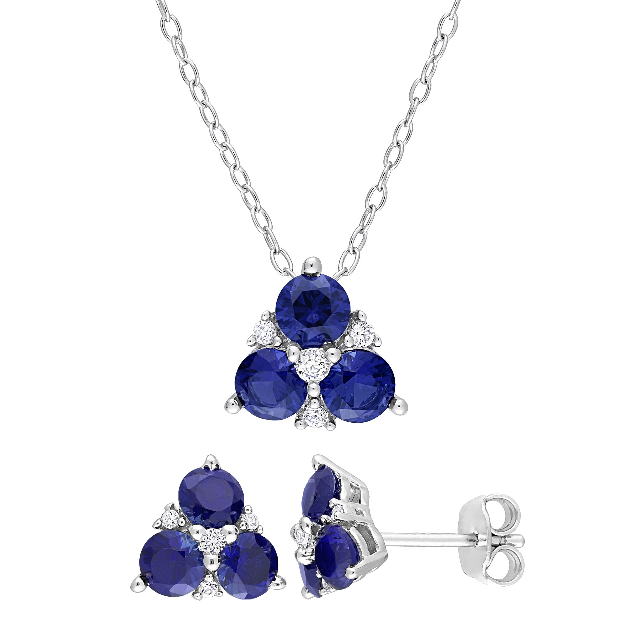 Created Blue and White Sapphire 3-Stone Earrings and Necklace in Sterling Silver