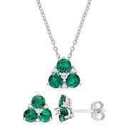 Created Emerald and Created White Sapphire 3-Stone Earrings and Necklace in Sterling Silver