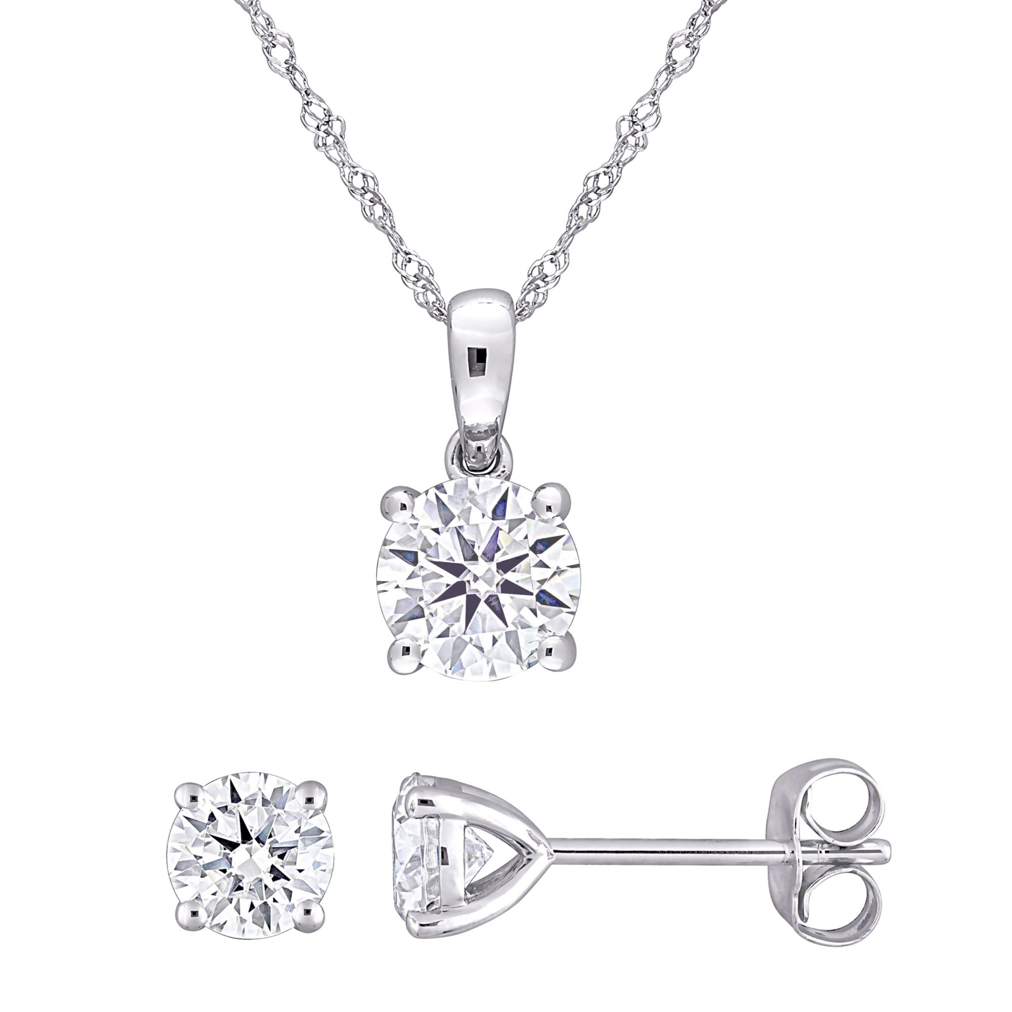 Moissanite Solitaire Stud Earrings and Necklace Set in 10k White Gold ...