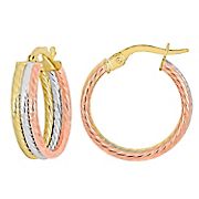 19mm Triple Row Twisted Hoop Earrings in 10k Three-Tone Yellow, Rose and White Gold