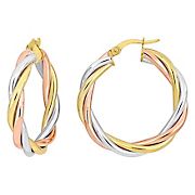 31mm Twisted Hoop Earrings in 14k Three-Tone Yellow, Rose and White Gold