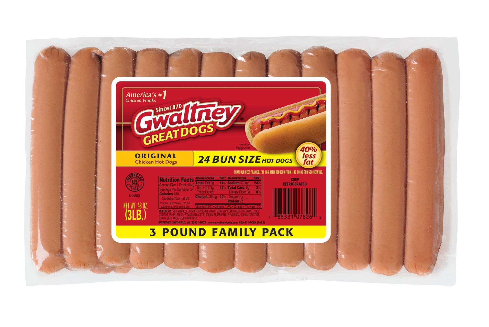 Gwaltney Bun-Length Chicken Hot Dogs, 24 ct.