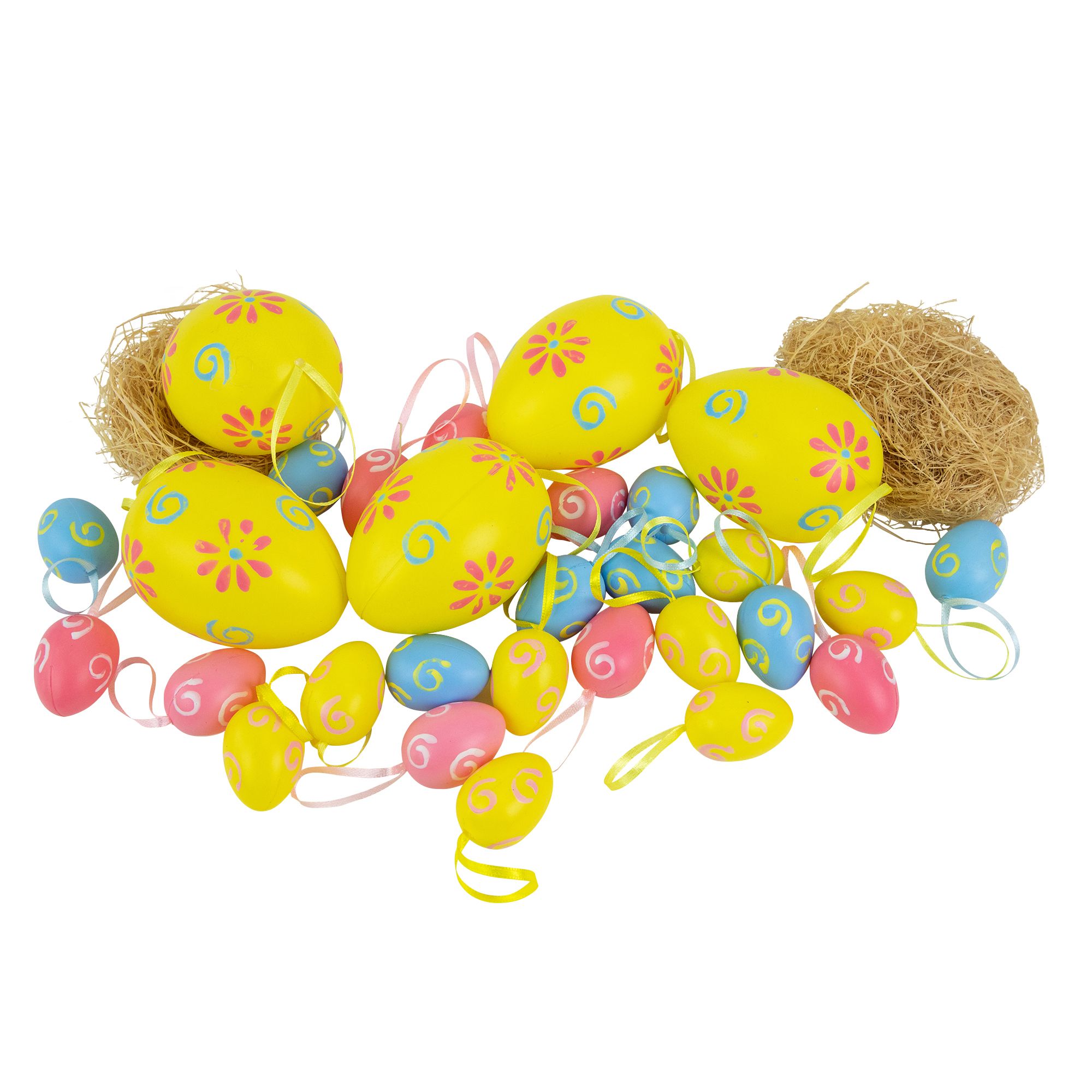 Northlight 3.25&quot; Blue and Yellow Painted Floral Spring Easter Egg Ornaments, 29 pc.
