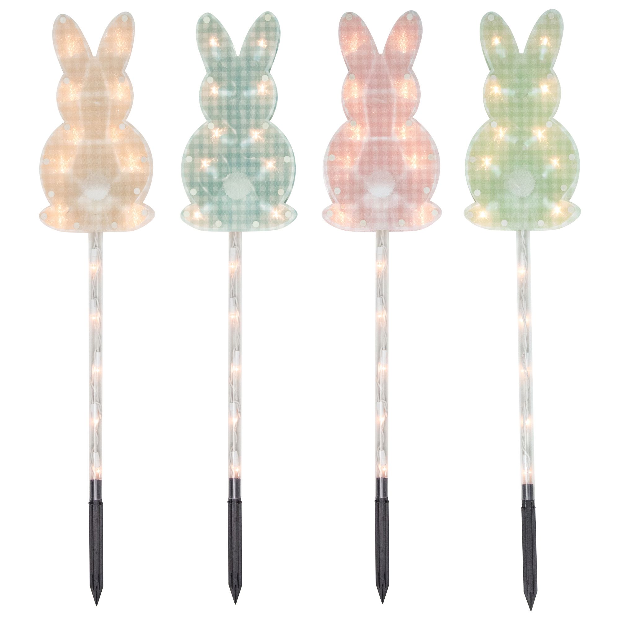 Northlight Plaid Pastel Bunny Easter Pathway Marker Lawn Stakes - Clear Lights, 4 ct.